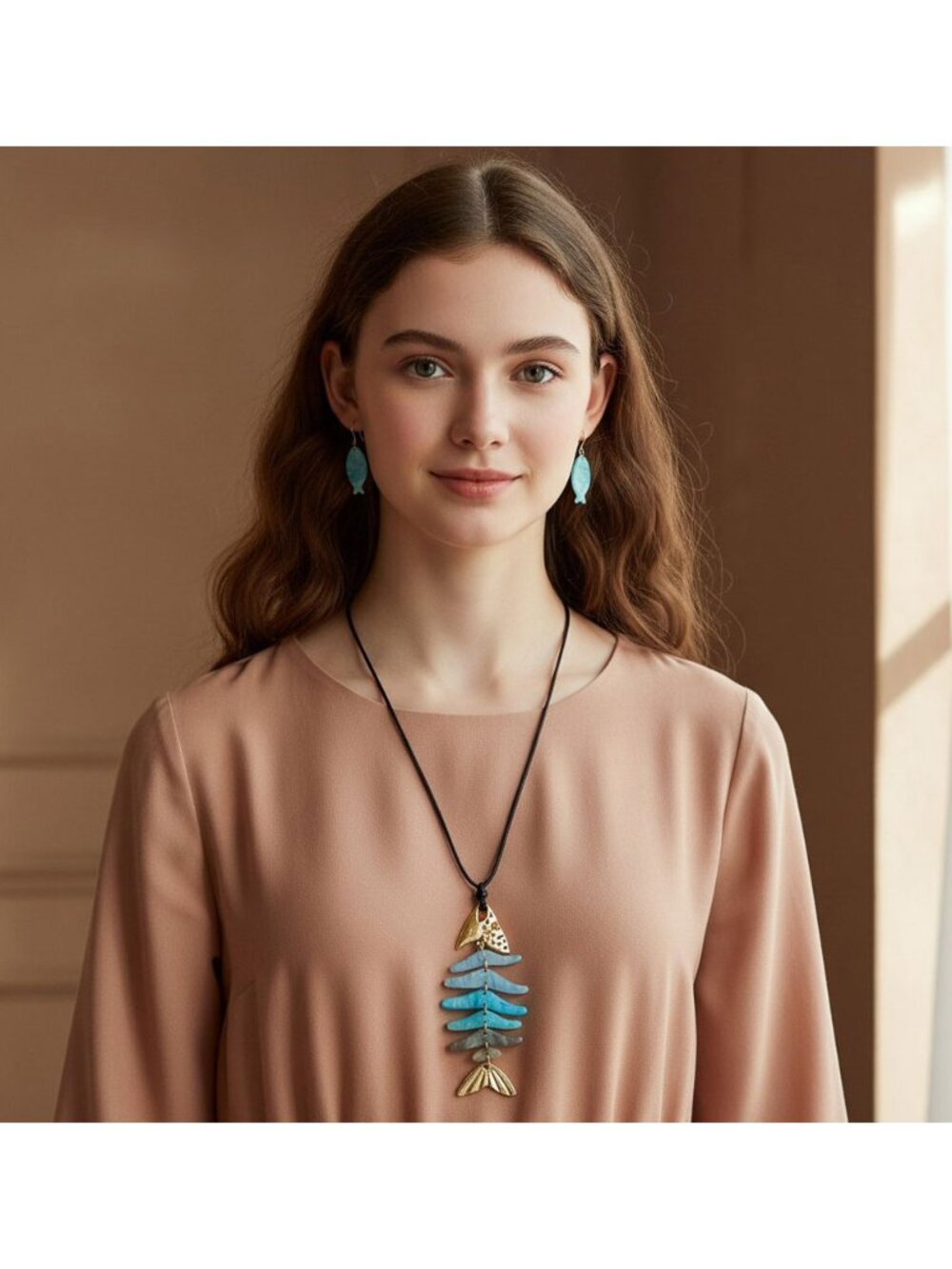 Tigerstars Bold Blue Resin Fishbone Pendant Adjustable Necklace